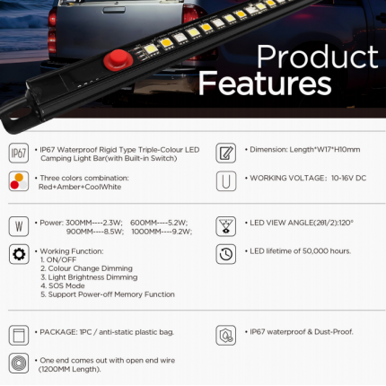 DC12V Tri-colour Led Camping Light Bar IP67 Waterproof Customized length